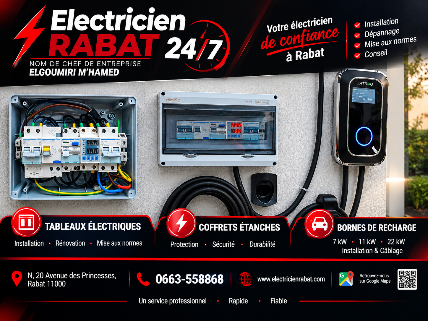Borne de recharge 7kW 11kW 22kW, tableau électrique et coffret étanche installés à Rabat - Électricien RABAT 24/7